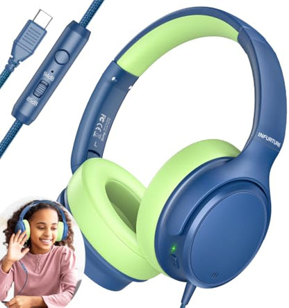 INFURTURE Kids Headphones USB C Over Ear with Active Noise-Canceling | HD Mic, Safe volume, Lightweight, Plug and Play, NO Charging Required Wired School Headphones for Teens for Travel/Classroom