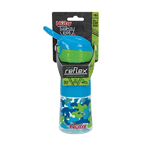 Nuby Thirsty Kids Flip-It No-Spill Toddler Sippy Cup with Soft Spout - 12 oz - 18+ Months - Aqua Camo - Back to School Essentials (Pack of 12) - color: Aqua Camo, size: 12 Ounces (Pack of 12)