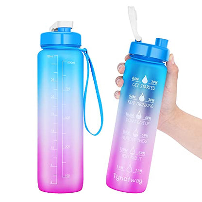 32oz Motivational Water Bottle with Time Marker Ensure You Drink Enough Water Throughout the Day - BPA Free & Portable Reusable Water Bottles for Fitness, Gym and Outdoor Sports (Blue/Pink-A2)