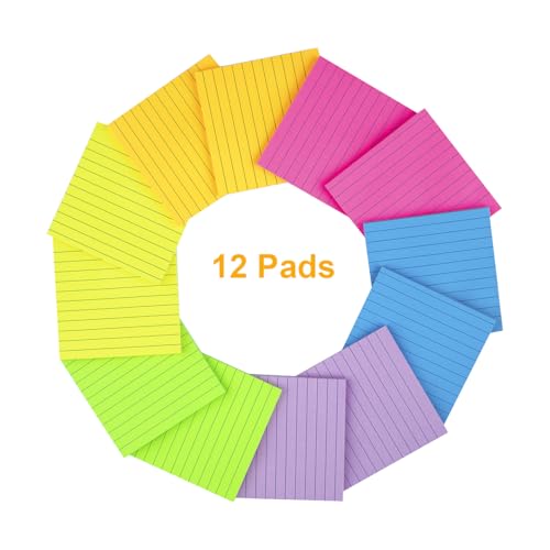 (12 Pads) Lined Sticky Notes 4x4 in, 6 Bright Colors Self-Stick Note Pads, Strong Adhesive, 47 Sheets/Pad