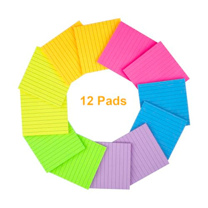 (12 Pads) Lined Sticky Notes 4x4 in, 6 Bright Colors Self-Stick Note Pads, Strong Adhesive, 47 Sheets/Pad