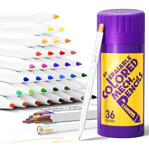 WUO 36 Colors Erasable Mechanical Colored Pencils, 3.0mm Refillable Color Pencil Set with 36 Lead Refills, Sharpener & Case for Coloring Books, Drawing, Sketching, Kids & Beginners