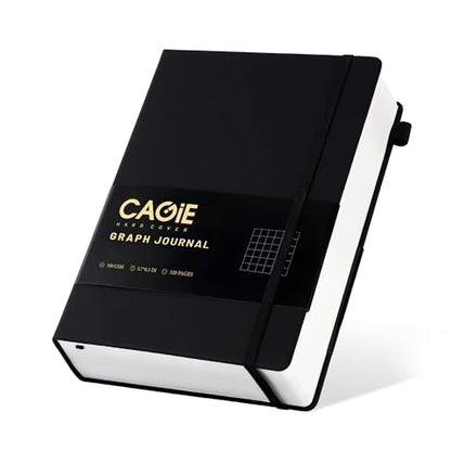 CAGIE Graph Notebook 320 Pages 100 GSM Paper Graphing Grid Journal A5 Hardcover Leather Quad Ruled Notebooks for Engineering, Math, Work, Black - color: Black, style: Graph A5