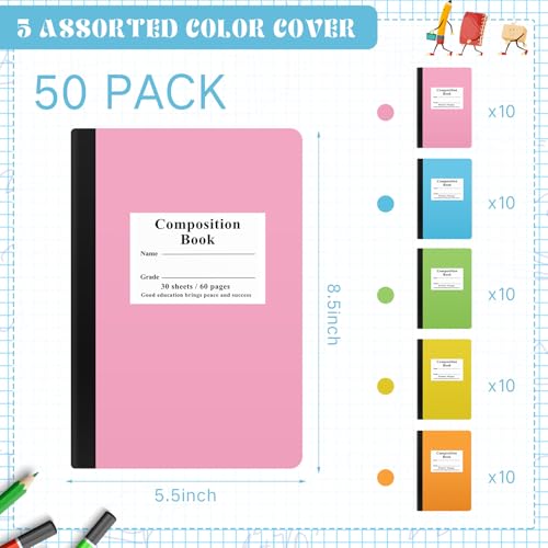 Composition Notebooks Bulk Wide Ruled Lined, 8.5 x 5.5 Inch, 30 Sheets/60 Pages, Back to School Supplies, First Day of School Notebooks for Teacher Student Office Supplies(50 Pack)