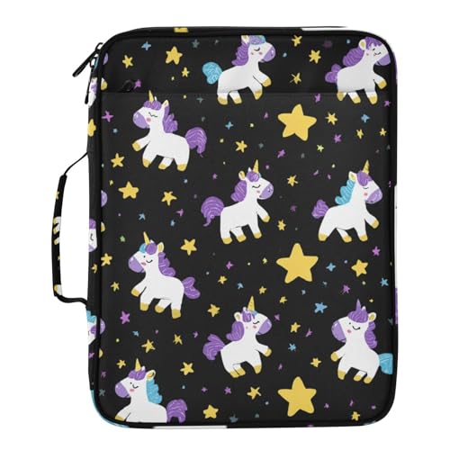 Cute Unicorns Hearts Black Accordion File Organizer Expanding File Folder Zipper Binder 3 Ring with Handle 500 Sheets Capacity Document Organizer Storage Bag Multi Pockets Design - color: Cute Unicorns Hearts Black