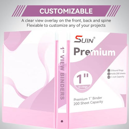 SUIN 1 Inch 3 Ring Binder, Clear 1'' View Presentation Binders with 2 Pockets, Fits 8.5 x 11 Letter Size, Durable Polypropylene, Non-Stick & PVC-Free for School, Office & Home (Brushed Peach Pink) - color: Brushed Peach Pink