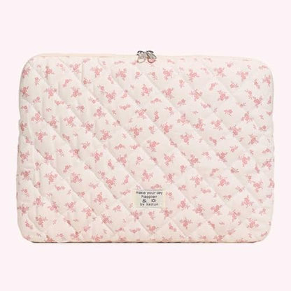 14 inch Maple Leaf Soft Pad Tablet Bag Embroidery Puffy Protective Case Shockproof Cute Quilted Laptop Sleeve Commute Work Study Bag - color: Pink Leaf