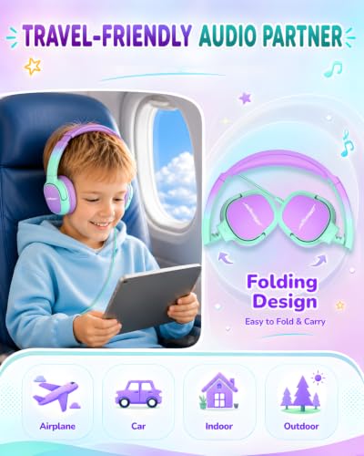Jimonyer Kids Headphones with Safe Volume Limited for School Travel | 3.5mm Wired, Foldable, Stereo Sound On-Ear Headset for iPad Computer Boys Girls (GreenPurple) - color: GreenPurple