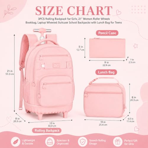 HPJGD 3PCS Girls Rolling Backpack, Womens Pink School Backpacks with Wheels, Water Resistant Roller Kids Wheeled Bookbag Set - color: Classic Pink Rolling Backpack Set