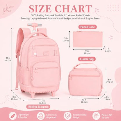 HPJGD 3PCS Girls Rolling Backpack, Womens Pink School Backpacks with Wheels, Water Resistant Roller Kids Wheeled Bookbag Set - color: Classic Pink Rolling Backpack Set