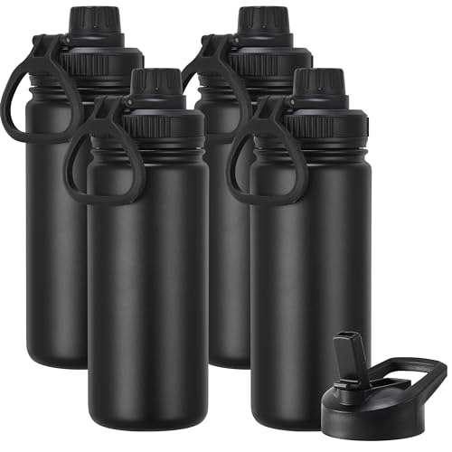DOMICARE 16 oz Kids Water Bottle for School Stainless Steel Double Wall Vacuum Insulated Water Bottle with Straw lids & Spout Lid, Leakproof BPA Free （Black,4） - color: Black, size: 16oz/4 Pack