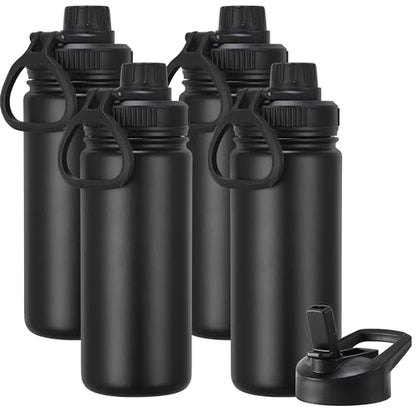 DOMICARE 16 oz Kids Water Bottle for School Stainless Steel Double Wall Vacuum Insulated Water Bottle with Straw lids & Spout Lid, Leakproof BPA Free （Black,4） - color: Black, size: 16oz/4 Pack