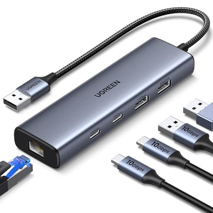 UGREEN USB to Ethernet Adapter, 10Gbps Data Port 5-in-1 Hub Ethernet | with 2*USB-C 3.2, USB-A 3.2/2.0, Gigabit RJ45, Power Port (Only for Adapter), USB A to Network Hub for Laptop, MacBook, XPS