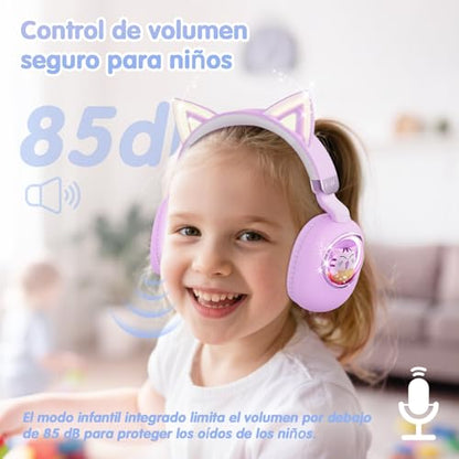 Kids Headphones Bluetooth 5.4 - Cat Ear LED Light Up Noise Cancelling Wireless Headphones with Mic, 85dB Volume Limited, Wired & Wireless Mode for Travel/School/iPad - color: Purple