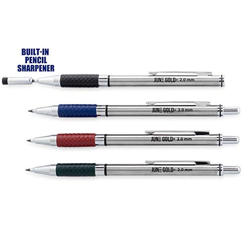 June Gold 4 Mechanical Pencils, 2.0 mm, 108 Refills, 2 Sharpeners,2 Erasers | 36 Unique Colors, 36 2B, and 36 4B Lead Refills, Break Resistant Graphite, Built in Sharpeners, Soft Non-Slip Grip