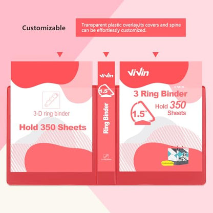 ViVin 튼튼한 3.8cm(1.5인치) 3링 바인더, 포켓 포함, 슬랜트 D 링, PVC 프리, 맞춤형 클리어 뷰 바인더, 21.6 x 27.9cm(8.5 x 11인치) 용지 350장 보관, 6팩 (레드) - color: 레드, size: 1.5인치