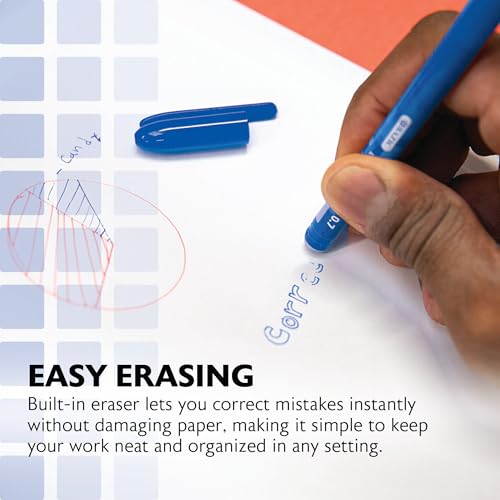 BAZIC PRODUCTS Frizz Blue Erasable Gel Pens, 0.7mm Medium, 2 Count | 0.7 mm medium, Rub-to-erase tip, no white-out, Pocket clip, school, notes