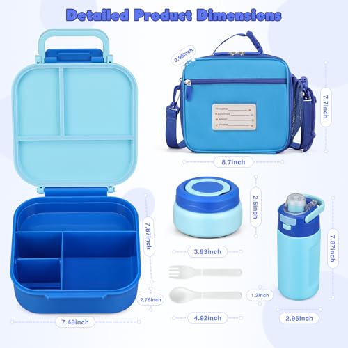 Bento Lunch Box for Kids with 7oz Soup Thermo,Insulated Stainless Steel Kids Water Bottle with Straw and Insulated Lunch Bag,Leak-Proof Lunch Food Container with Ice Pack for School(Blue) - color: Blue