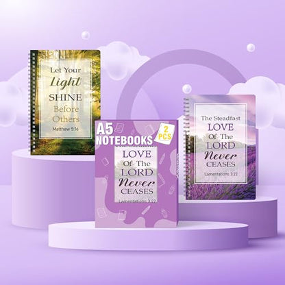 Xqumoi 2Pack A5 Natural Scenery Religious Spiral Notebooks - Bible Verses Notebooks, Ruled Lined Journal, Writing Notebooks, Inspirational Christian Christmas Gift, Sunday School Supplies - style: F-Forest Lavender