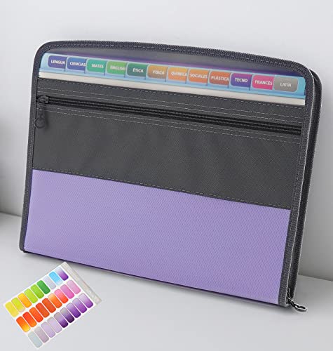 NAFY Accordion File Organizer, 13 Pockets Expanding File Folder with Zipper, A4 Letter Size Portable Accordion Expanding File Folders with 27pcs Colour Labels for Home Office School Supplies (Lilac) - color: Lilac Purple