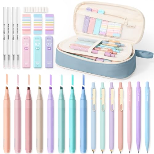SUNEE 35PCS Aesthetic Stationery Set with Cute Pencil Case, Pastel Highlighters, Black Gel Pens, Mechanical Pencils & Refills, College School Supplies for Students Girls Blue - color: Blue, style: 35 Pack