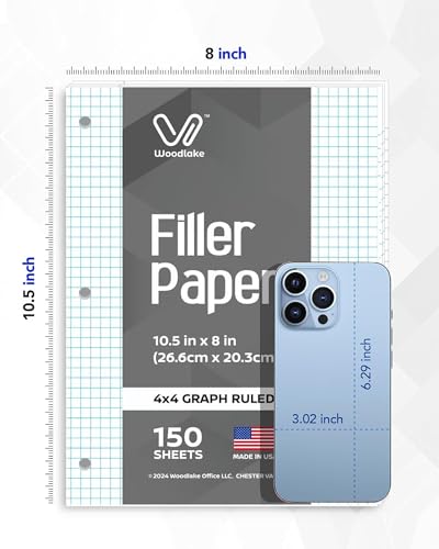 Notebook Paper USA-Made Loose Leaf Paper, 24 Pack 3600 Sheets 8"x10.5" Quad Ruled - 3-Hole Punched Bulk Filler Paper for 3-Ring Binder, 150 Sheets/Pack, Wholesale Available - color: Graph Ruled, size: 24 PACK(3600 SHEETS)
