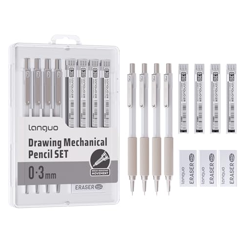 languo 0.3mm Mechanical Pencil Set with Case, 4PCS Drafting Mechanical Pencils Kit – 4 Tubes HB Lead Refills, 3 Erasers, Ideal Pencil Set for Writing & Drawing - style: 0.3mm