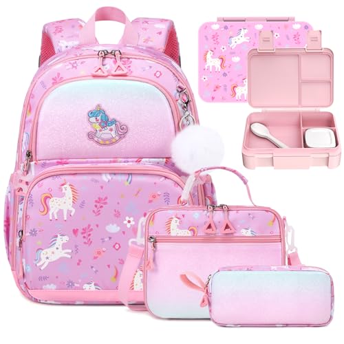 Kids Backpack for Girls - 4PCS Girls Backpack Bento Box with Lunch Bag & Utensils Set for Kids - 4 Leakproof Compartments Removable Tray Lunches or Snack Container for School - color: 4pcs C Pink Unicorn