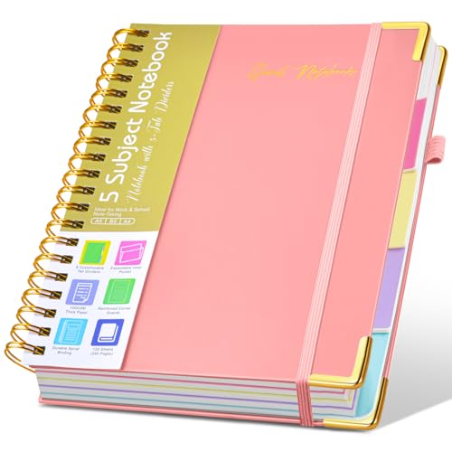 Hardcover Spiral Notebooks for Work, 5 Subject Notebook College Ruled with Dividers Tabs, Lined Organizer Notebook Journal for Women, 240 Pages Small A5 Notebooks for School Note Taking, 5x7 Pink - color: Paper-pink, size: A5（6.2" x 8.2"）