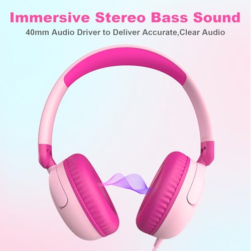 v8 Kids Headphones, 3.5mm Jack Wired Headphones for Kids with Safe Volume Limiter, HD Stereo Sound Over-Ear Girls Boys Toddler Headphone for Tablet, iPad, Kindle (Pink) - color: Pink
