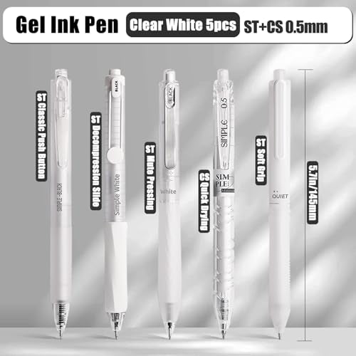 5 Count Pastel Gel Ink Pen Set,Cute Note Taking 0.5mm Fine Point Retractable 5 Count Black Ink Pens for Writing, Journaling, School, Office (White Clear) - color: White Clear