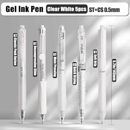 5 Count Pastel Gel Ink Pen Set,Cute Note Taking 0.5mm Fine Point Retractable 5 Count Black Ink Pens for Writing, Journaling, School, Office (White Clear) - color: White Clear