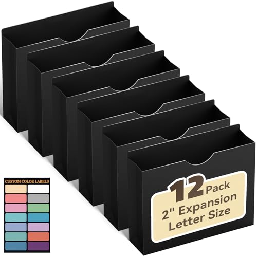 ANSOOK Poly File Jackets & File Pockets,Heavy Duty 2" Expanding File Jacket Folders,Letter Size Manila File Folders,12 Pack Manila File Jackets with Straight Cut Tab,Job Folder for Office School Home - color: Black, size: 2" Expansion