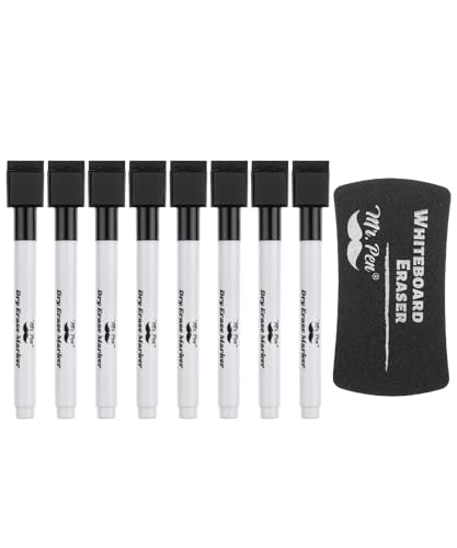 Mr. Pen- Magnetic Dry Erase Markers, 8 Pack with Whiteboard Eraser, Black | Fine Tip Markers with Built-In Magnet & Eraser, Low Odor, Quick Dry, for Whiteboards, Office, School & Home - color: Black (eraser included), size: 8 Pack + Dry Erase Eraser