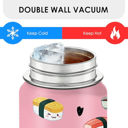 Cute Sushi Water Bottle 18oz - Food Nutriton Facts Stainless Steel Insulated Tumbler for Girls & Boys -Sushi Gifts, Gift for Teens Women, Pink Sports Travel Mug - color: Sushi