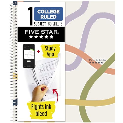 Five Star Spiral Notebook + Study App, 1 Subject, College Ruled, 8-1/2" x 11", 80 Sheets, Fights Ink Bleed, Water Resistant Covers, Organic Lines (820233F) - color: Organic Lines, size: 1 Pack