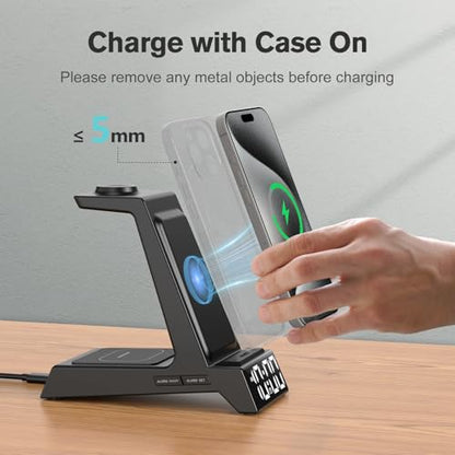 ANJANK 4 in 1 Wireless Charging Station Alarm Clock, Charging Dock for Apple Devices, Charger Stand for iPhone 17 Air 16 15 14 13 12 Series for Apple Watch 11 10 9 8 7 6 5 UItra/SE & AirPods, Dimmable - color: Black
