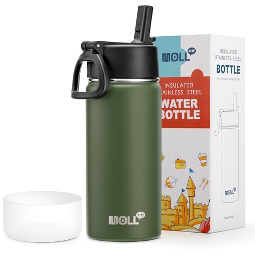 Kids 16 oz Stainless Steel Double Wall Vacuum Insulated Wide Mouth Water Bottle for School - Metal Leak-Proof Travel Water Flask with Straw (Grass Green) - color: Grass Green, size: 16 Ounces