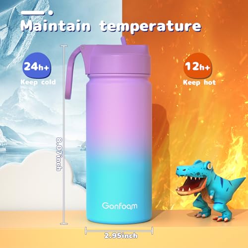 Gonfoam 16oz Kids Stainless Steel Insulated Water Bottle, 2 Pack | DIY Stickers, BPA-free, Leak-proof, Sturdy, Keeps Cold 24h, Easy to Carry, Easy to Clean, Back to School, Gifts - color: Purple+Green, size: 16 Ounces