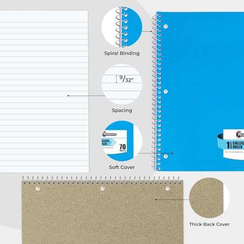 Rosmonde 100 Pack 1 Subject Spiral Notebook College Ruled Bulk, 70 Sheets | College Ruled Notebook 1 Subject Bulk, 140 Pages, 8 x 10-1/2", 3 Hole Punched, Thick No-Bleed Paper, Bulk Subject Notebook - size: 100 Pack, style: 1 Subject - Soft Cover