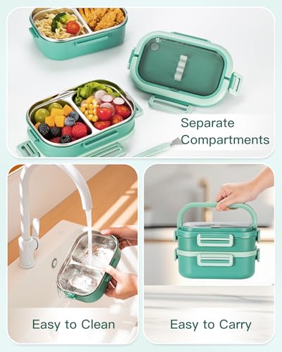 Lille Home Stackable Lunch Box, 2 Tier Stainless Steel Bento Lunch Box, 56oz Large Capacity Leakproof Lunch Containers, 4-Compartment Lunch Box with Utensils for Meal Prep, Work, Picnic(Green) - color: 2 Tier-Green