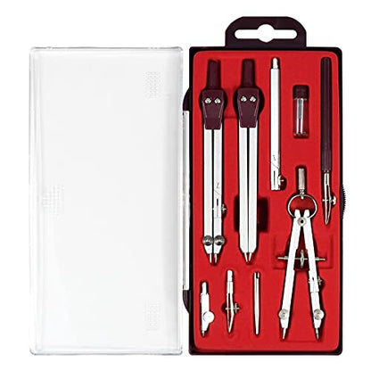 UNJOO 9Pc Geometry Set Metal Compass, Geometry Precision Tool (Red) | Circle Drawing Tool and Architecture, Drafting Kits for Engineer with Shatterproof Storage Box