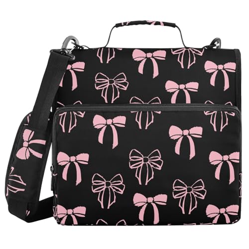 Bow Knot Pink Black Zipper Binder with Shoulder Strap Bag 3 Ring Binder Organizer Large Capacity Multiple Compartments for School Office - color: Multicolored 22