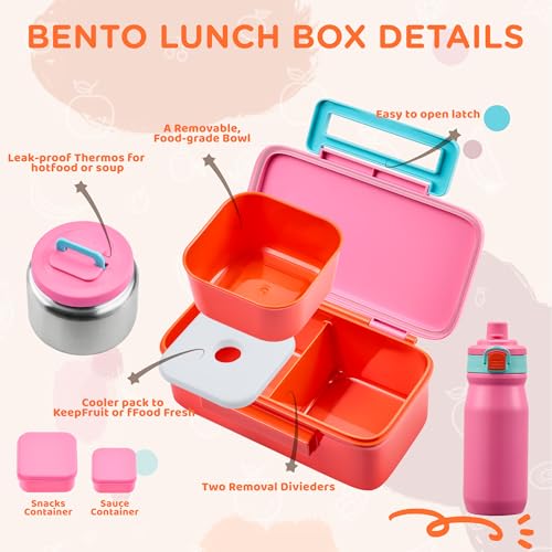 MAISON HUIS Bento Box for Kids with 8oz Soup Thermo, Insulated Lunch Bag & 17oz Water Bottle, 2-Compartment Bento Box with Built-In Ice Pack, Leak-Proof & BPA-Free (Pink) - color: Pink