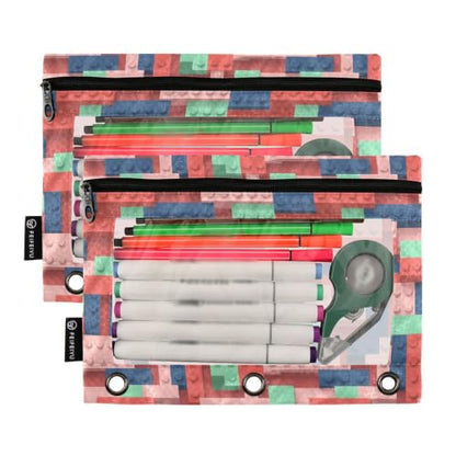 Gredecor 3 Ring Binder Pencil Pouch, Building Blocks Zippered Pen Case Pouches with Clear Window, 2 Pack Stylish Office & School Supplie - color: Building Blocks