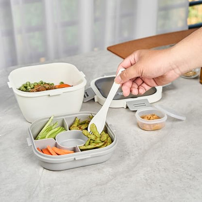 Restaurantware-Bento Tek 57.5 Ounce Bento Box, 1 Reusable Lunch Container - With Fork And Knife, Does Not Contain BPA, White And Gray Plastic Reusable Lunch Box, Microwavable, Dishwashable - size: 1 Count, style: 58 oz - White