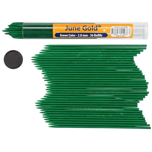June Gold 36 Green (Emerald #104) Colored 2.0 mm Lead Refills, 90 mm Length | Bold Thickness for Heavy Use, Break / Smudge Resistant, Travel Carrying Tube, Pre-Sharpened - color: Green (Emerald #104)