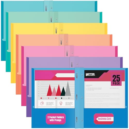 2 Pocket Folders, Assorted 7 Vibrant Colors with Complementing Interior Colors, Fits Letter Size Paper, for School, Office, Home (with Prongs, 25) - style: with Prongs