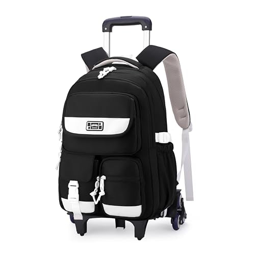 MITOWERMI Rolling Backpack for Girls Boys Backpack with Wheels, Kids Roller Trolley Bags Wheeled School Bookbag Black-6 wheels - color: 6 Wheels-black