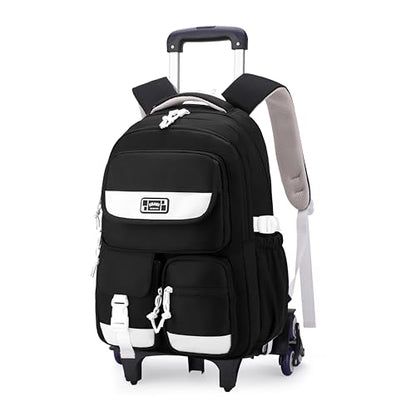 MITOWERMI Rolling Backpack for Girls Boys Backpack with Wheels, Kids Roller Trolley Bags Wheeled School Bookbag Black-6 wheels - color: 6 Wheels-black